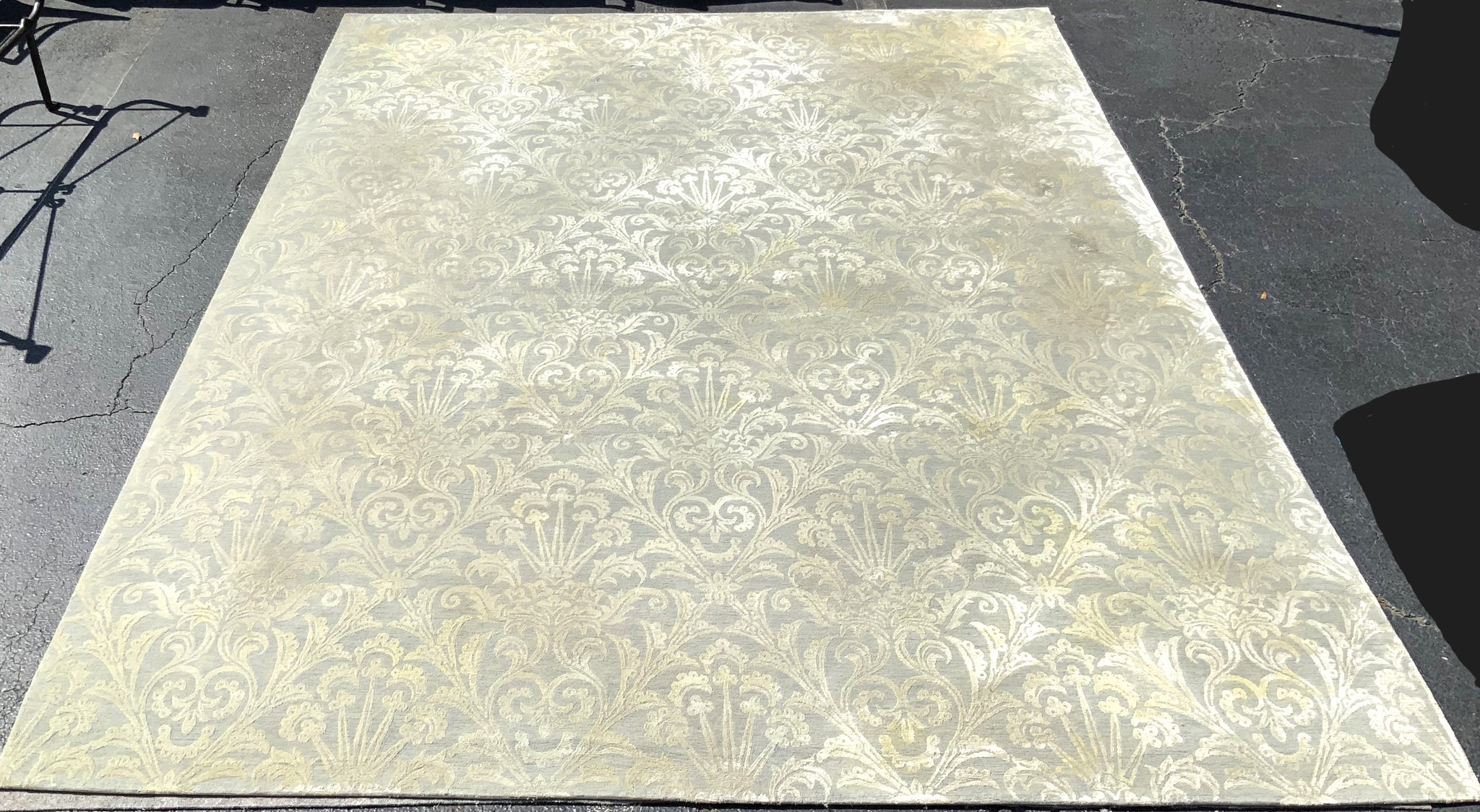 Beige & Gray Wool Rug with Damask Design 9'x12'