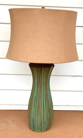 Green & Brown Ceramic Table Lamp with Linen Drum Shade