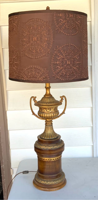 Vintage Brown & Gold Urn Lamp with Brown Drum Shade