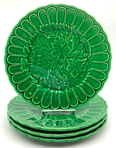 Set/4 Green Ceramic Majolica Style Leaf Plates