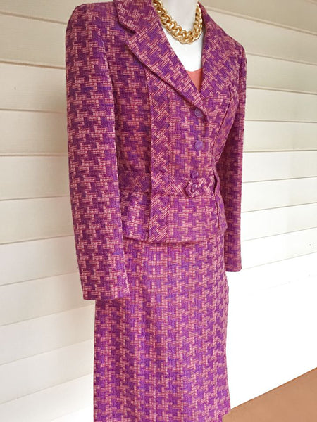 CHANEL 2001 Vintage Purple Pink Herringbone Tweed Suit, 2pc