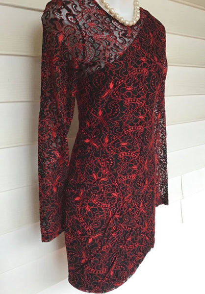 PARKER Red Black Lace Ruched Bottom L/S Dress