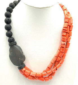 Artisan Made Necklace with Druzy, Coral & Lava Rock Beads