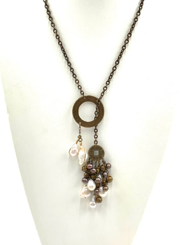 Artisan Bronze Tone Metal Necklace with Pearls & Antique Chinese Coin Pendant