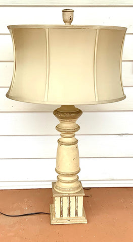 Distressed Wood Column Lamp with Silk Drum Shade