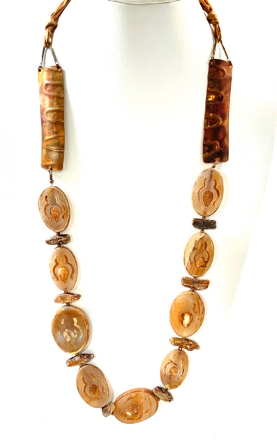Agate, Biwa Pearl, Copper & Sari Ribbon Adjustable Length Artisan Necklace