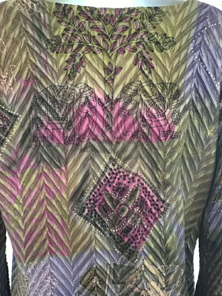 KOMAROV Green Multi Patterned Crinkle Pleat Tie Neck Tunic