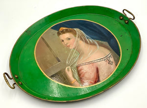 Antique Oval Metal Tray with Portrait Center