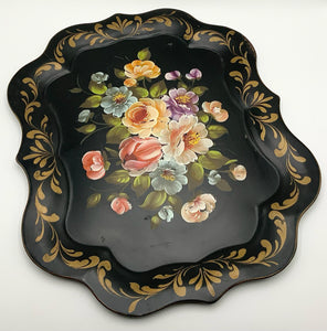 Vintage Scalloped Black Tole Tray with Floral Design