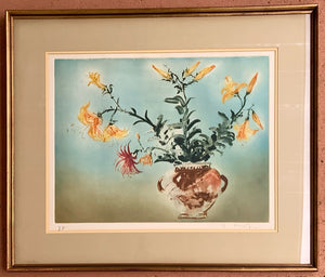 Vintage Kaiko Moti Framed Lithograph of Yellow Lillies in Vase