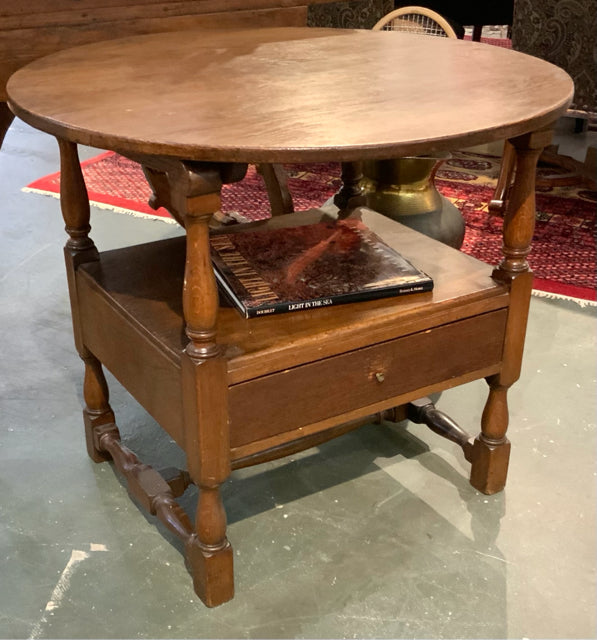Round English Oak Side Table with Drawer
