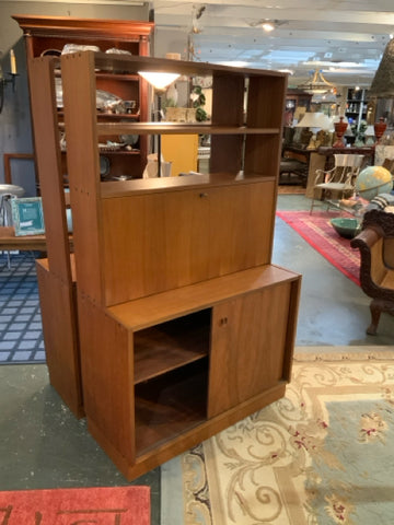 Vintage Teak Bookcase with Sliding Door Cabinet & Fold Out Desk