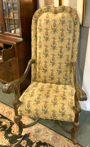 Oversized Carved Wood Arm Chair with Pineapple Upholstery