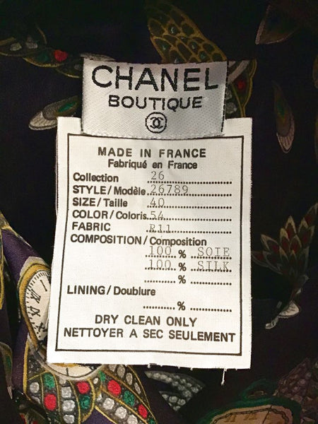 CHANEL Boutique Iris Silk Watch Print Tie Neck L/S Blouse