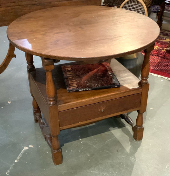 Round English Oak Side Table with Drawer