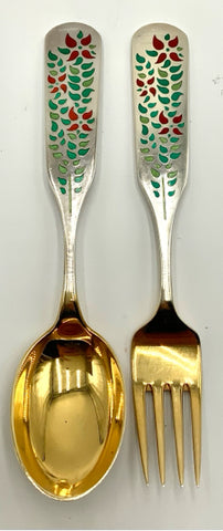 A. Michelsen Gold Vermeil over Sterling Silver Enameled Spoon & Fork Set 1955