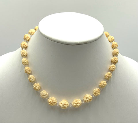 Vintage Carved Bone Floral Bead Necklace