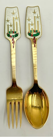A. Michelsen Gold Vermeil over Sterling Silver Enameled Spoon & Fork Set 1949