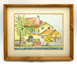 Framed Watercolor of House with Palm Tree