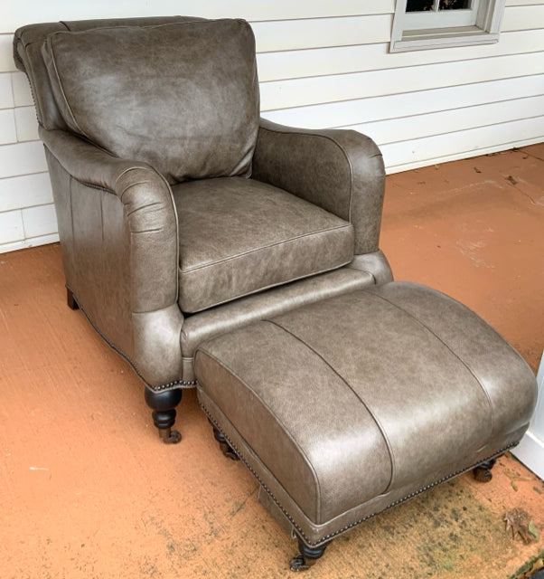Arhaus Gray Leather Club Chair & Ottoman with Nailhead Trim