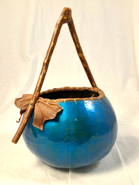 Blue Gourd Basket with Woven Reed Handle