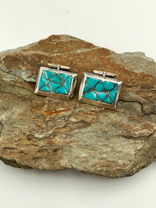 Southwest Sterling Inlaid Turquoise Fish Scale Mosaic Cufflinks