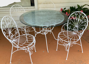 Vintage White Wrought Iron Table and Chairs w/42" round glass top