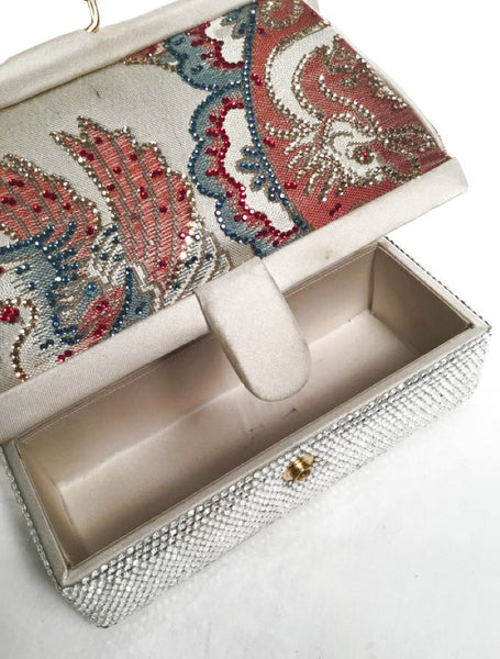 JUDITH LEIBER Vintage Champagne Tapestry Swarovski Crystal Kisslock Cord Bag