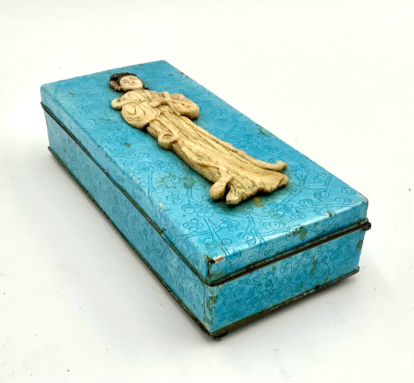 Vintage Turquoise Enamel over Metal Lidded Box with Carved Bone Detail