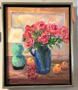 "Reflections" Still Life Lamp Flowers Oranges
