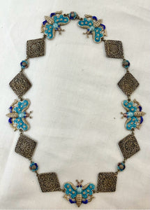 Chinese Sterlng Silver Filigree & Enamel Butterflies & Flowers Link Necklace