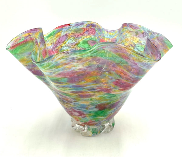 Signed Artisan Handblown Multicolor Vase with Fluted Edge