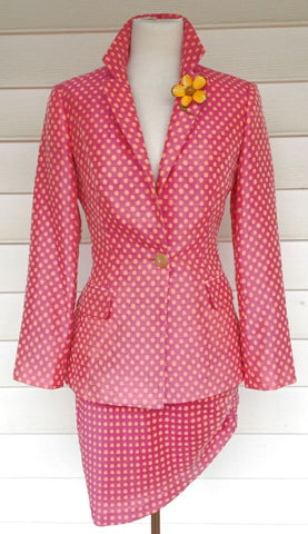 TULEH Pink Orange Polka Dot Silk Jacket & Skirt, 2pc Suit