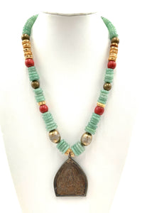 Tribal Necklace with Jade, Bone, Sherpa Coral, Brass & Sterling Silver Beads