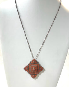 Sterling Link Necklace with Sterling Silver & Coral Tibetan Gau Pendant