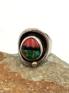 Native American Signed Sterling, Coral, Turquoise & Jet Shadowbox Ring
