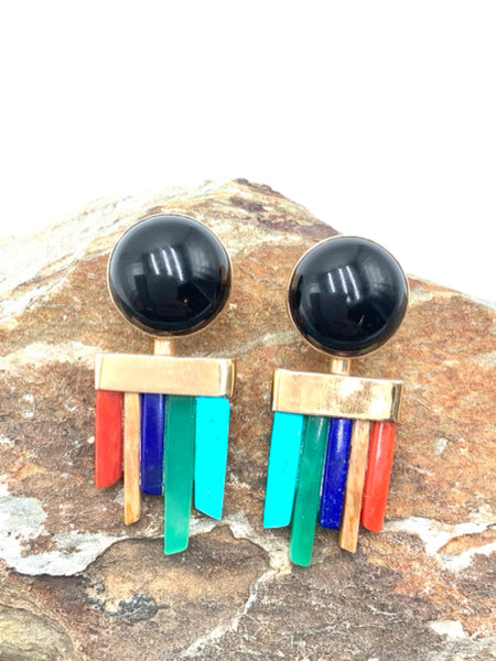 14kt Gold, Turquoise, Onyx, Coral & Lapis Artisan Earrings