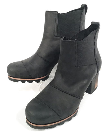 SOREL Black Oiled Leather Addington Chelsea Block Heel Boots 9