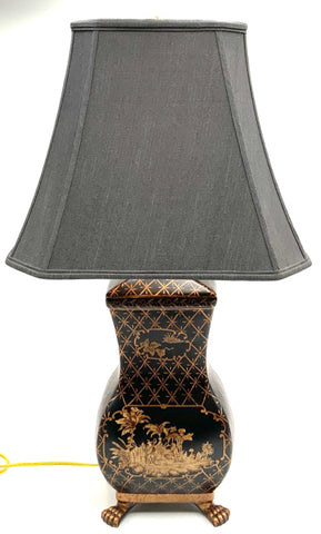 Black Chinoiserie Lamp with Square Black Shade
