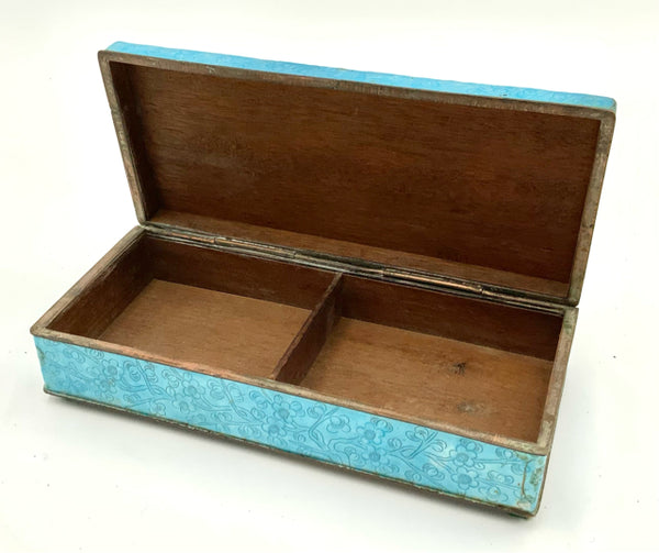 Vintage Turquoise Enamel over Metal Lidded Box with Carved Bone Detail