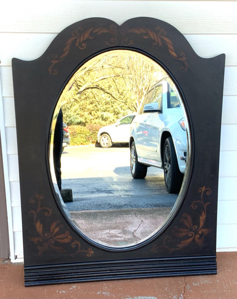 Black Wood Wall Mirror with Oval Beveled Glass