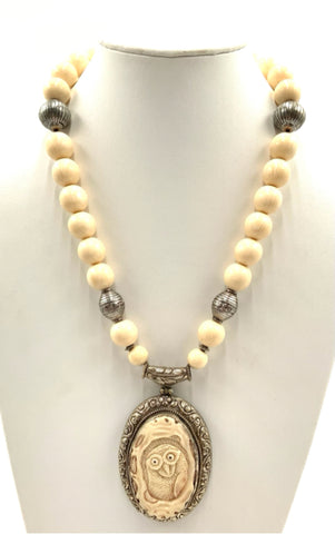 Beaded Bone Necklace with Tibetan Carved Bone Owl Pendant