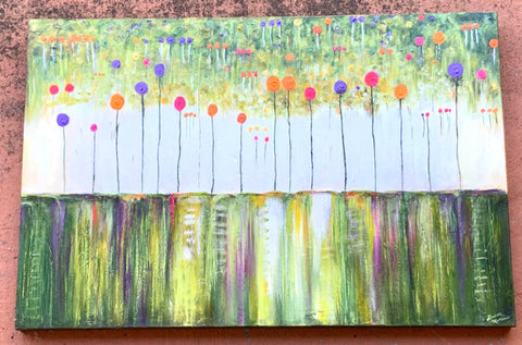 Abstract Oil on Canvas of Flowers in Meadow
