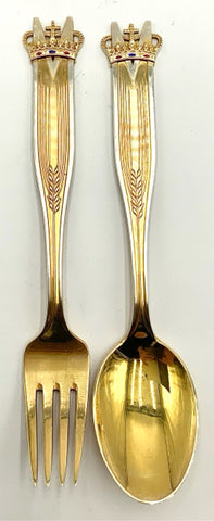 A. Michelsen Gold Vermeil over Sterling Silver Enameled Spoon & Fork Set 1958