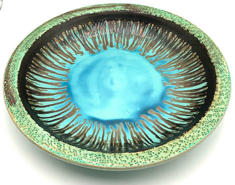 Large Turquoise Pottery Platter With Brown Drip Glaze