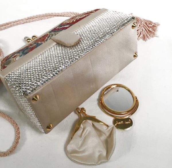 JUDITH LEIBER Vintage Champagne Tapestry Swarovski Crystal Kisslock Cord Bag