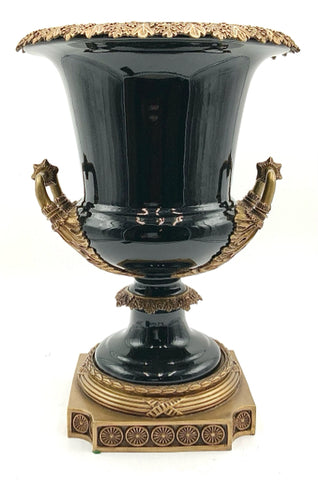 Black Ceramic Urn with Brass Accents