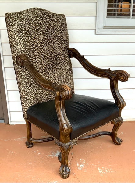 Oversized Armchair with Carved Wood Frame
