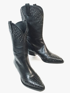 BOTKIER Black Leather Gunemtal Studded Tammy Western Boots 9