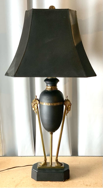 Vintage Black Urn Lamp with Brass Ram Accents